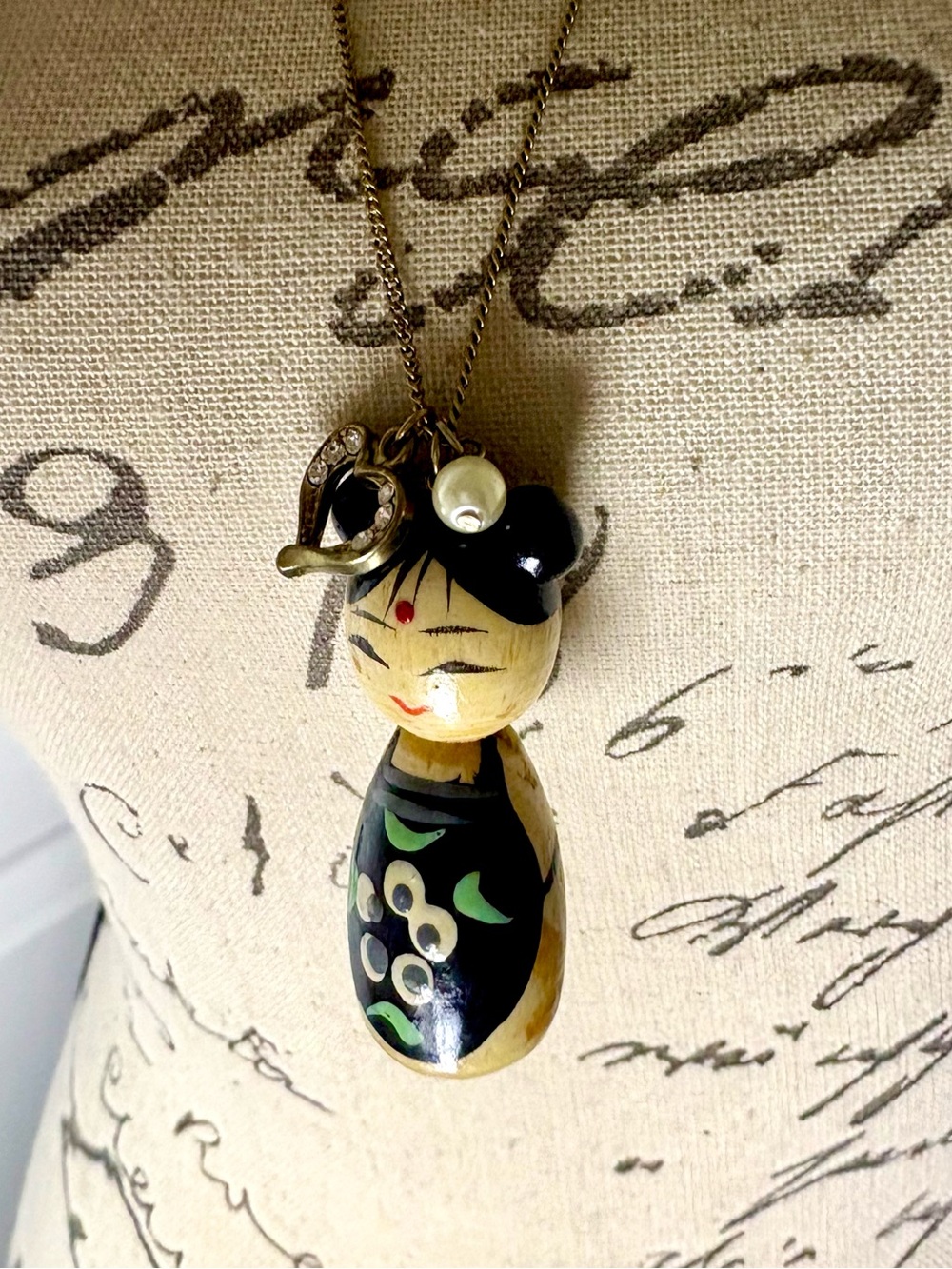 Vintage Japanese Kokeshi Doll Necklace Hand Painted Wood Rhinestone Heart